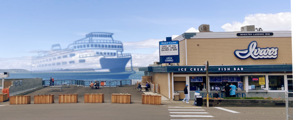 Mukilteo landing restaurant with a ferry nearby fading into the ether