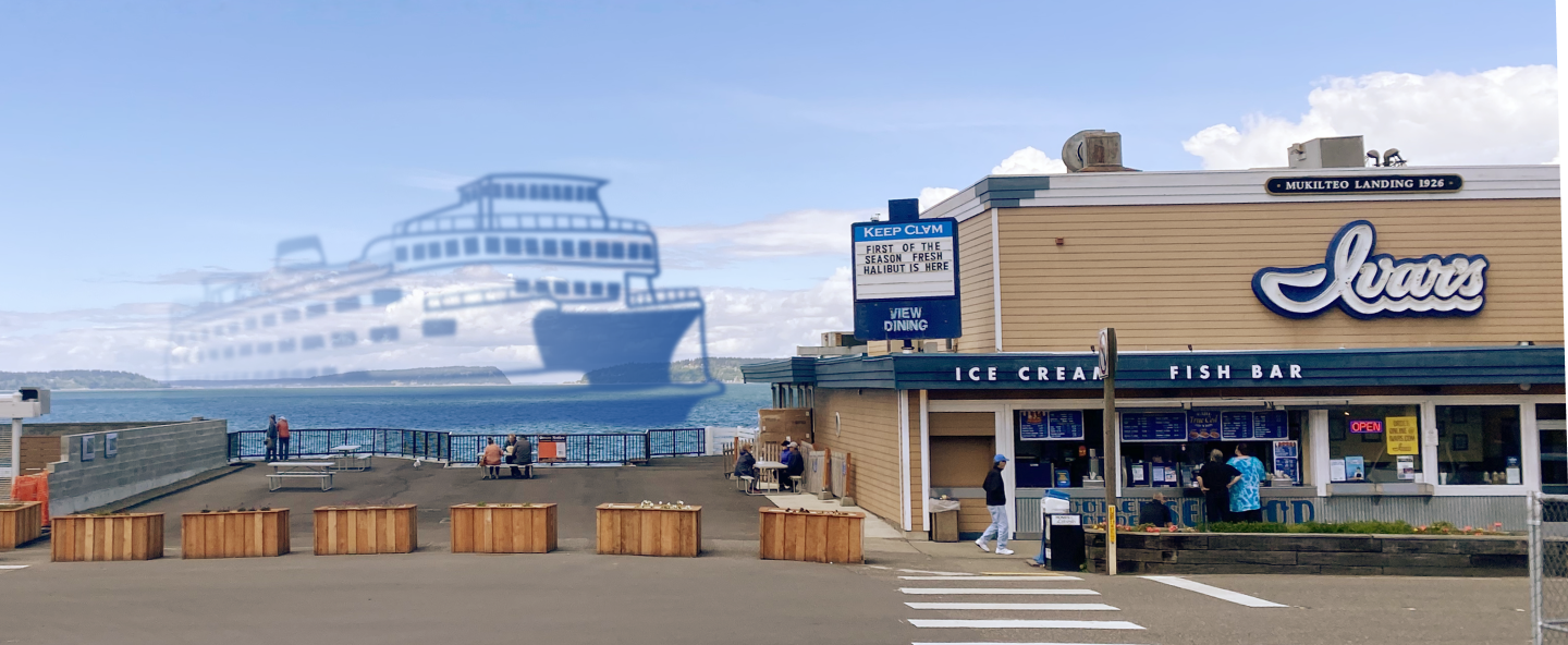 Mukilteo landing restaurant with a ferry nearby fading into the ether