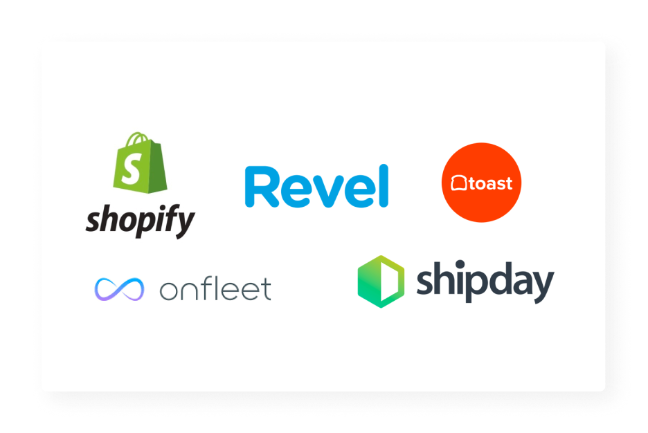 shopify, revel, toast, onfleet and shipday logos