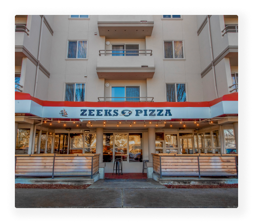 front of Zeeks pizza restaurant