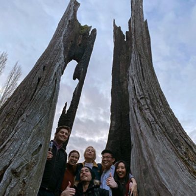 Mentor creative team posing inside a driftwood tree stump at the beach
