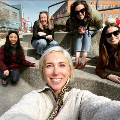 Alison, Marissa, Lilly, Carolyn and Britt pose for the camera on the fremont canal steps